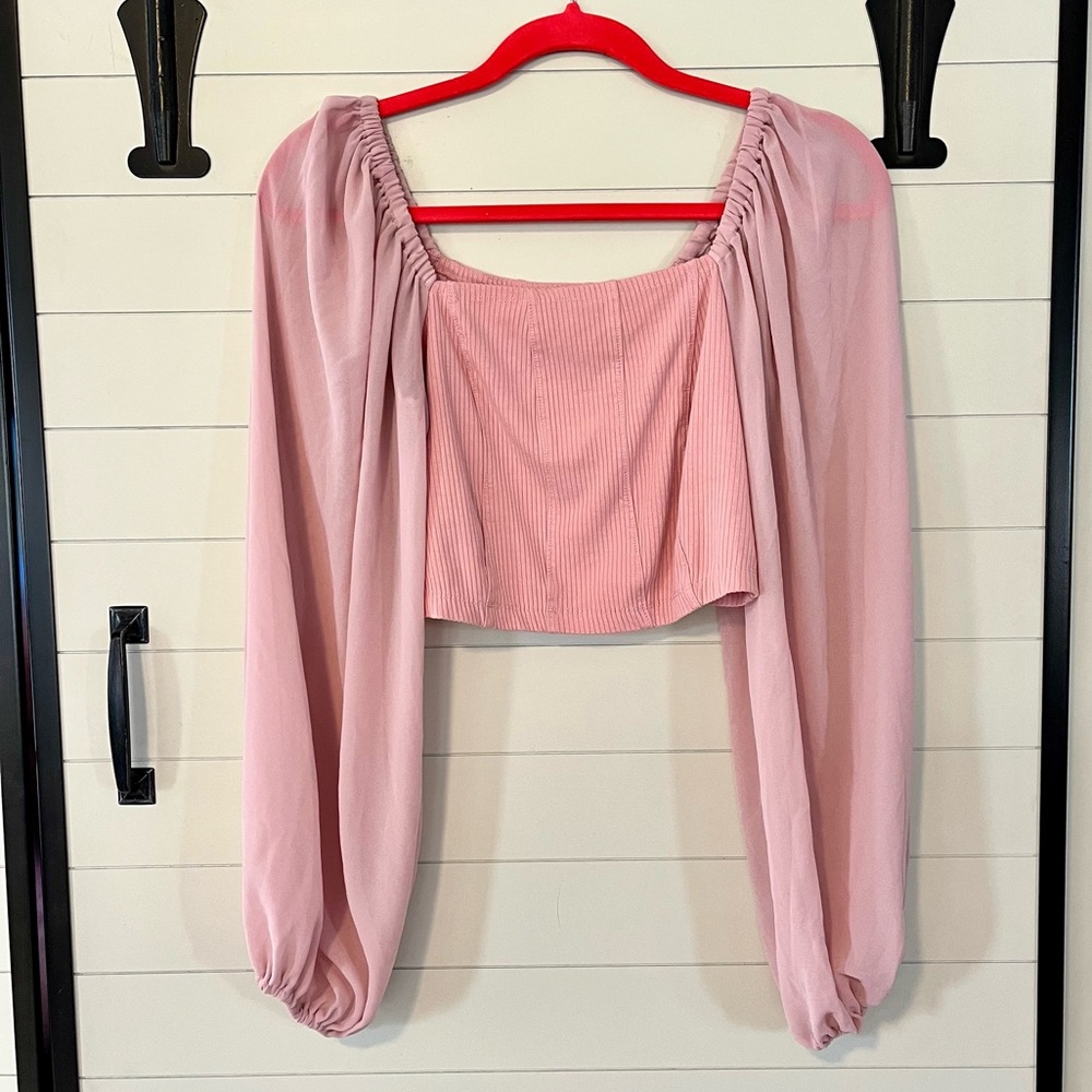 Love Tree Blush Pink Crop Top Medium Sheer Sleeves Flirty Romantic Cropped